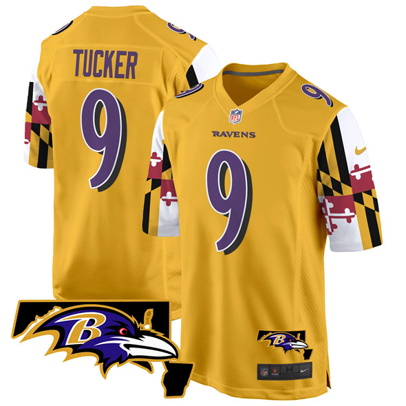 Men's Baltimore Ravens #9 Justin Tucker Gold 2025 Maryland Flag Vapor Limited Football Game Jersey Men's Baltimore Ravens #9 Justin Tucker Gold 2025 Maryland Flag Vapor Limited Football Game Jersey